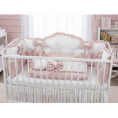 Pat + saltea + Lenjerie de pat cu apărători matlasate boltite, fundițe, 7 piese Roz pudrat - Alb