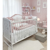 Pat + saltea + Lenjerie de pat cu apărători matlasate boltite, fundițe, 7 piese Roz pudrat - Alb