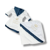 Set Halat capot de baie bebeluși Personalizat + Prosop cu capison, din frotir de bumbac cu catifea Deseda Bleumarin