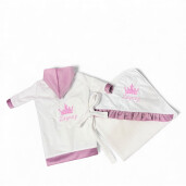 Set Halat capot de baie bebeluși Personalizat + Prosop cu capison, din frotir de bumbac cu catifea Deseda Roz pudrat