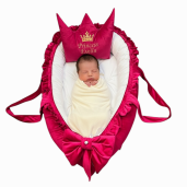 Cuib Babynest Personalizat Princess din Catifea Roz ciclam si alb, cu salteluta matlasata detașabilă