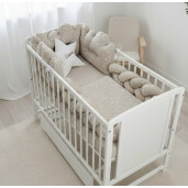 Lenjerie de pat cu 3 norisori, impletitura, cearsaf, paturica si pernuta pt bebelusi Deseda Mix stelute bej