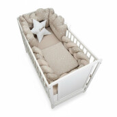 Lenjerie de pat cu 3 norisori, impletitura, cearsaf, paturica si pernuta pt bebelusi Deseda Mix stelute bej