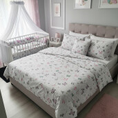 Lenjerie de pat cu 2 aparatori impletite Fluturasi gri- lila + lenjerie pat matrimonial Momente Deseda