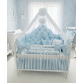 Pat + saltea + Lenjerie de pat cu apărători matlasate Coronita printesei Baby blue + baldachin cu pompoane și suport