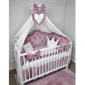 Lenjerie pătuț bebeluși din Catifea Roz pudrat cu apărători matlasate, cearșaf, păturică și pernuta din catifea PREMIUM