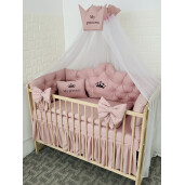 Pat + saltea + Lenjerie de pat Minunea mea, cu apărători matlasate + lenjerie cu fundițe+ baldachin cu suport și inimioara Roz pudra