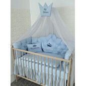 Pat + saltea + Lenjerie de pat Minunea mea, cu apărători matlasate+ lenjerie cu fundițe+ baldachin cu suport și inimioara Baby blue