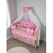 Pat + saltea + Lenjerie de pat Minunea mea, cu apărători matlasate+ lenjerie cu fundițe+ baldachin cu suport și inimioara Baby blue