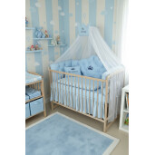 Pat + saltea + Lenjerie de pat Minunea mea, cu apărători matlasate+ lenjerie cu fundițe+ baldachin cu suport și inimioara Baby blue