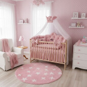 Pat + saltea + Lenjerie de pat Minunea mea, cu apărători matlasate + lenjerie cu fundițe+ baldachin cu suport și inimioara Roz pudra