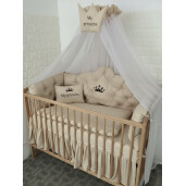Lenjerie pătuț bebeluși cu apărători matlasate, cearșaf, păturică și pernuta Minunea mea Bej