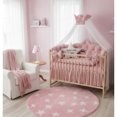 Pat + saltea + Lenjerie de pat Minunea mea, cu apărători matlasate + lenjerie cu fundițe+ baldachin cu suport și inimioara Roz pudra