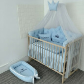 Lenjerie pătuț bebeluși cu apărători matlasate, cearșaf, păturică și pernuta Minunea mea Baby blue