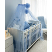 Pat + Saltea + Lenjerie de pat cu apărătoare împletită în 4 și 2 perne decorative + baldachin tulle colorat și suport, Deseda Mix stelute bleo