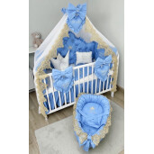 Lenjerie de patut bebelusi Prince baby blue cu pat si saltea si baby nest cuib personalizata baby blue