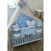 Pat + saltea + Lenjerie de pat cu apărători matlasate Princess baby blue+ baldachin cu dantela și suport