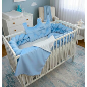 Pat + saltea + Lenjerie de pat cu Coroniță catifea + apărătoare din catifea împletită in 4, Velvet Baby blue