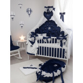 Pat + saltea + Lenjerie de pat din Catifea Albastru Royal cu apărători matlasate Price  + baldachin cu dantela și suport + cuib cu desfacere asortat + set de baie