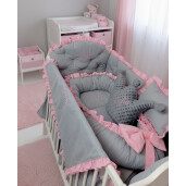 Pat + saltea + Lenjerie de pat personalizata cu 3 apărători matlasate Stil + perna deco + babynest asortat Roz baby - gri