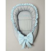 Cuib PERSONALIZAT babynest bebelusi cu desfacere si volanase Baby blue - gri - gri Elegance by Deseda