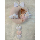 Decoratiune personalizata, Papusica pe luna Roz pal, de agățat la baldachin, pe perete sau la pătuț bebeluși