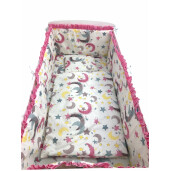 Lenjerie de patut bebelusi 5 piese cu aparatori laterale pe burete CN Stelute cu luna roz gri